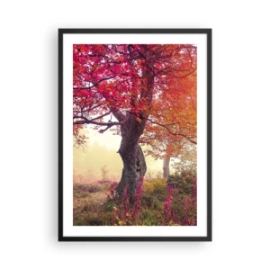 Plakát v černém rámu - Strom s červenými listy v podzimní krajině - 50x70cm - Šílenství rozkvětu - Moderní nástěnná dekorace do obývacího pokoje a ložnice ARTTOR