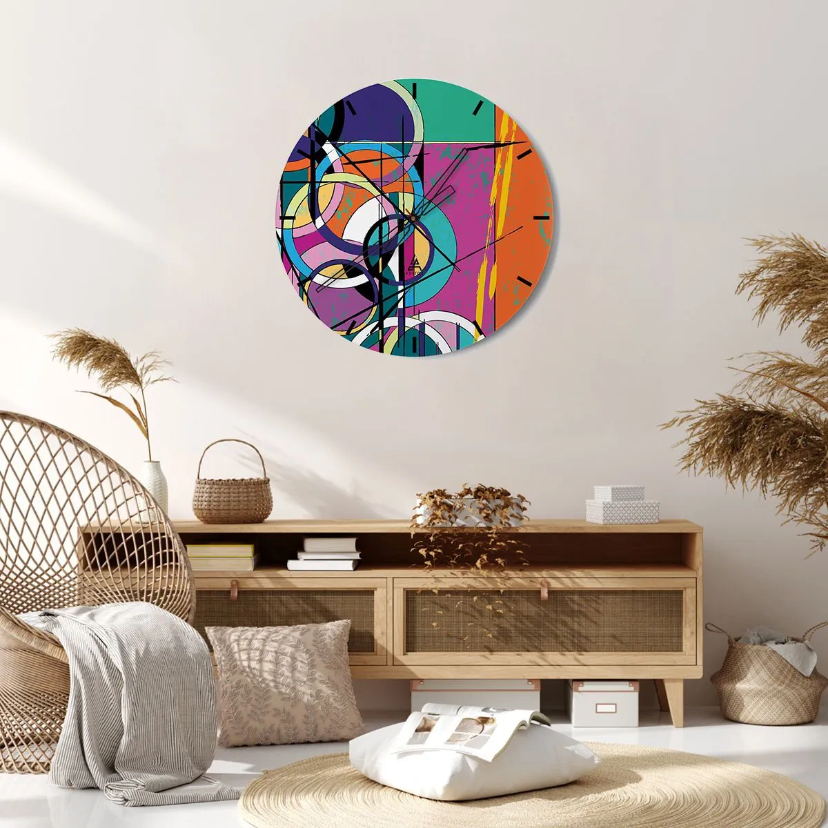 Nástěnné hodiny - Ciferník hodin s abstraktním geometrickým motivem v živých barvách. - 30x30cm - Kruh za kruhem - Moderní nástěnná dekorace do obývacího pokoje, kuchyně a ložnice ARTTOR