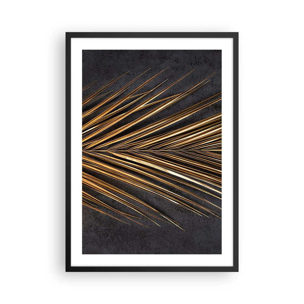 Plakát v černém rámu - Zlaté listy na tmavém pozadí - 50x70cm - Zlato tropů - Moderní nástěnná dekorace do obývacího pokoje a ložnice ARTTOR