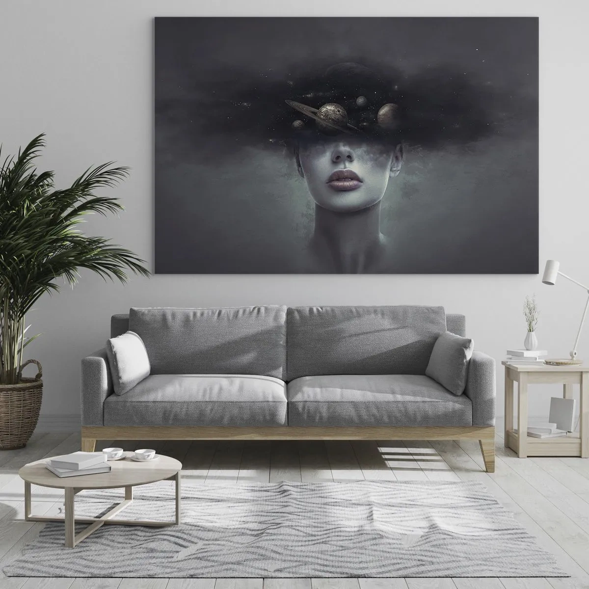 Obraz na skle - Žena s planetami místo hlavy v surrealistické kompozici - 70x50cm - A planety… - Moderní nástěnná dekorace do obývacího pokoje a ložnice ARTTOR