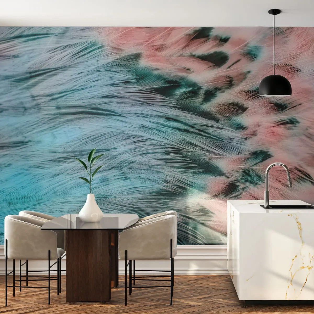Fototapeta Standard Eco - Safírově růžové chmýří - Abstrakce, Kus, Ptačí peří - 350x256 cm