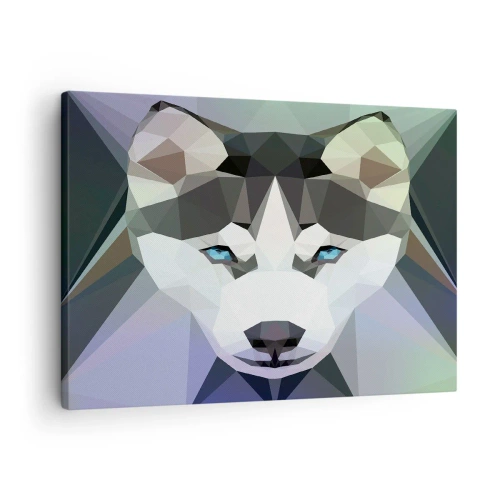 Obraz na plátně - Geometrický vlk s výraznýma modrýma očima - 70x50cm - Vzpomínka na sníh na severu - Moderní nástěnná dekorace do obývacího pokoje a ložnice ARTTOR