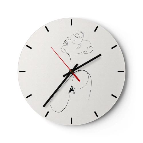 Nástěnné hodiny - Ženský profil s černou linkou na světlém pozadí - 30x30cm - Zamotaná ve snech - Moderní nástěnná dekorace do obývacího pokoje, kuchyně a ložnice ARTTOR