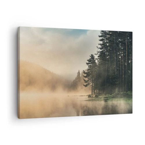 Obraz na plátně - Mlžný les nad klidným jezerem - 70x50cm - Zrození dne - Moderní nástěnná dekorace do obývacího pokoje a ložnice ARTTOR