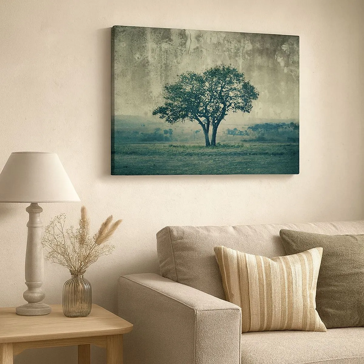 Obraz na plátně - Osamělý strom proti mlhavé krajině - 70x50cm - Jabloň na modrém poli? - Moderní nástěnná dekorace do obývacího pokoje a ložnice ARTTOR