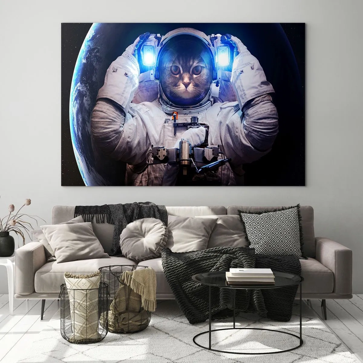 Obraz na skle - Kosmonaut s kočičí hlavou ve vesmíru - 70x50cm - Houston, máte problém - Moderní nástěnná dekorace do obývacího pokoje a ložnice ARTTOR