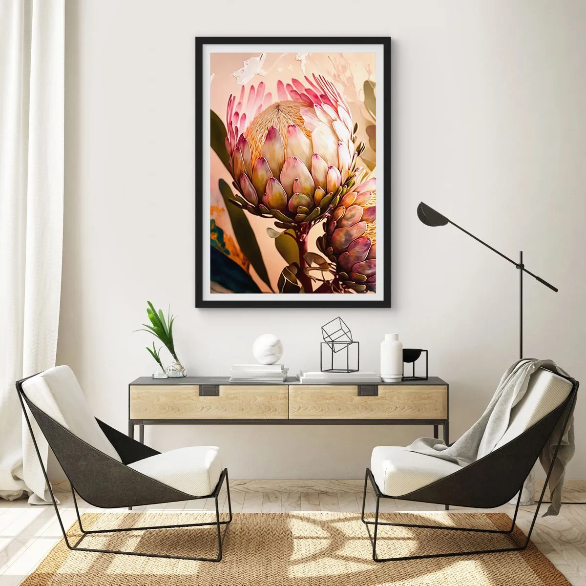 Plakát v černém rámu - Detail květu protey v teplých barvách - 50x70cm - Něžně objaté - Moderní nástěnná dekorace do obývacího pokoje a ložnice ARTTOR