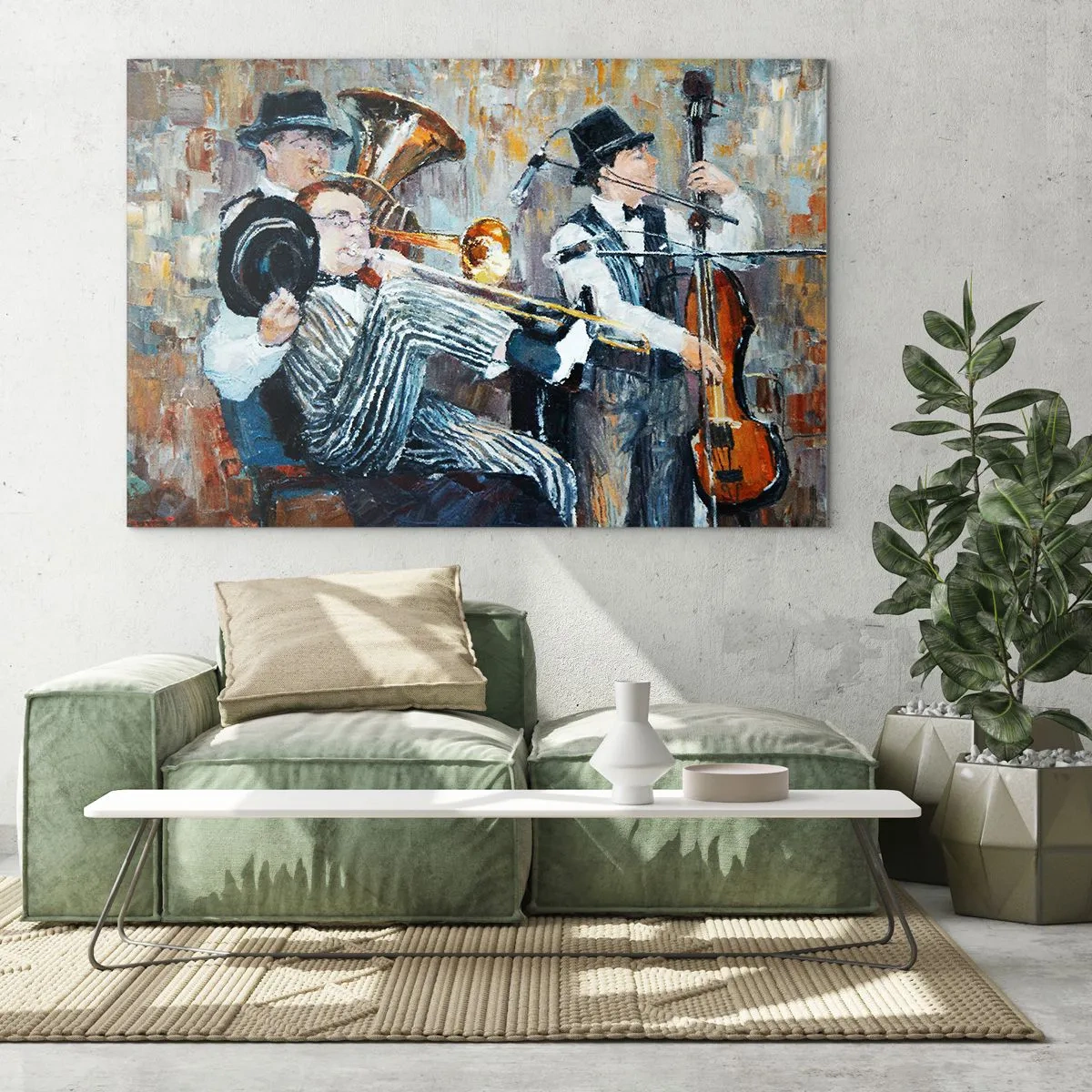 Obraz na skle - Jazzová kapela v atmosférické impresionistické scéně - 70x50cm - Celý tento jazz - Moderní nástěnná dekorace do obývacího pokoje a ložnice ARTTOR