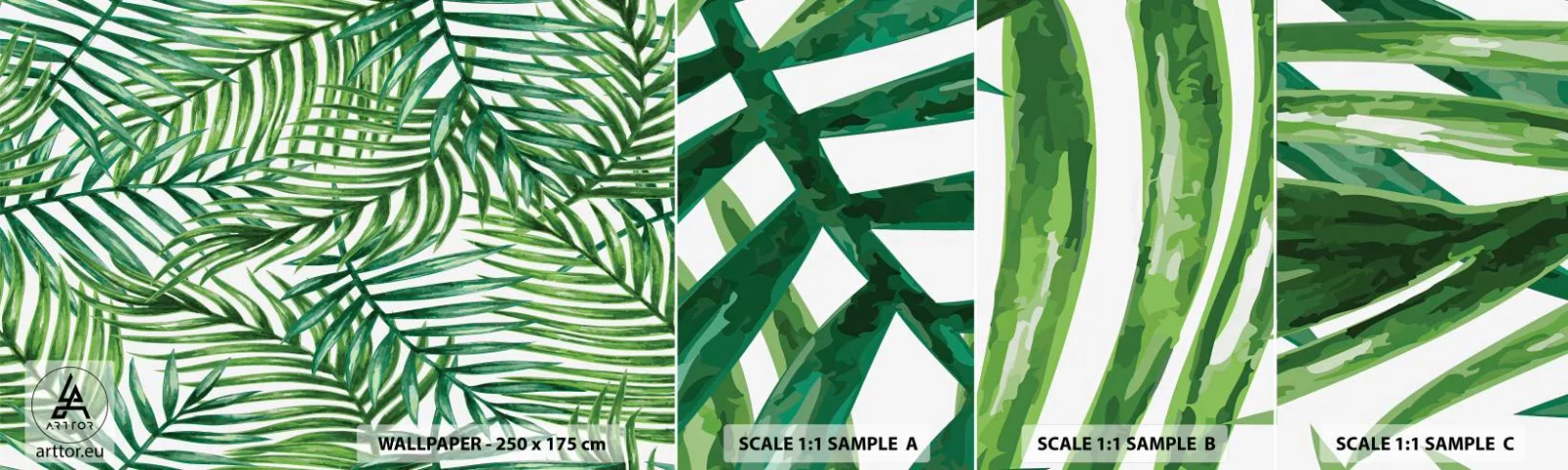 Vzor Fototapety Samolepicí Deluxe Sticker - Pod zeleným baldachýnem - Abstrakce, Palmový list, Kokosová palma - 100x30 cm