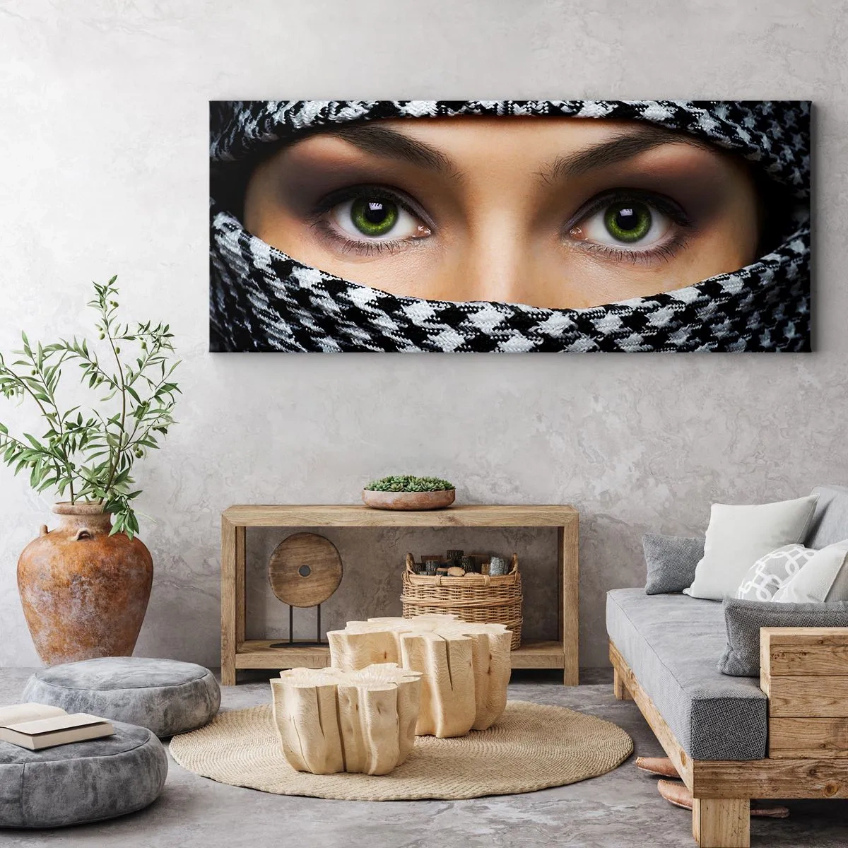 Obraz na plátně - Portrét zahalené zelenooké krásky - 100x40 cm