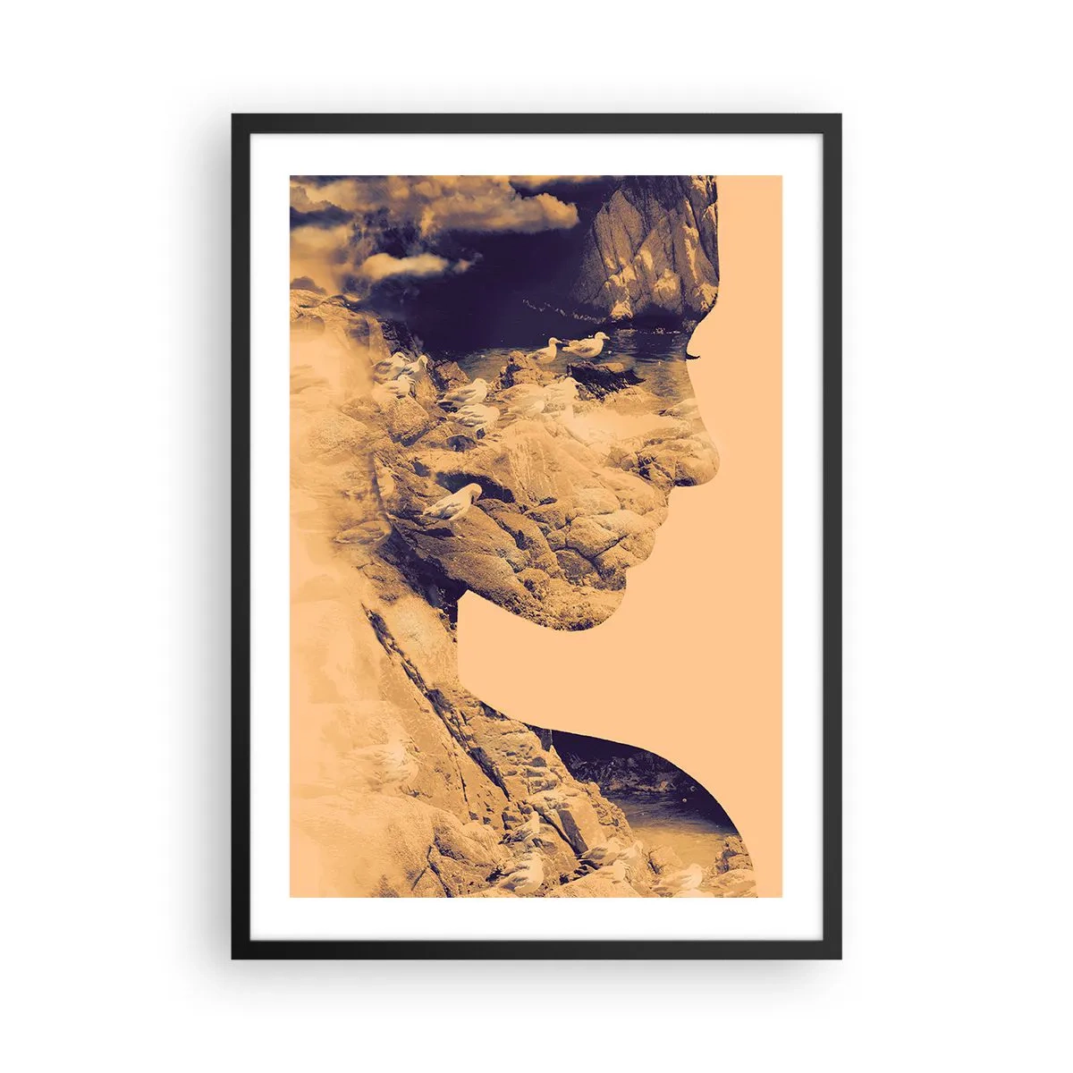 Plakát v černém rámu - Portrét s krajinou ve stylu dvojité expozice - 50x70cm - Krásná od přírody - Moderní nástěnná dekorace do obývacího pokoje a ložnice ARTTOR