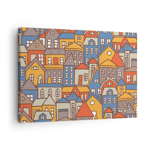 Obraz na plátně - Barevné domy v grafickém stylu na světlém pozadí - 70x50cm - Za domem dům - Moderní nástěnná dekorace do obývacího pokoje a ložnice ARTTOR