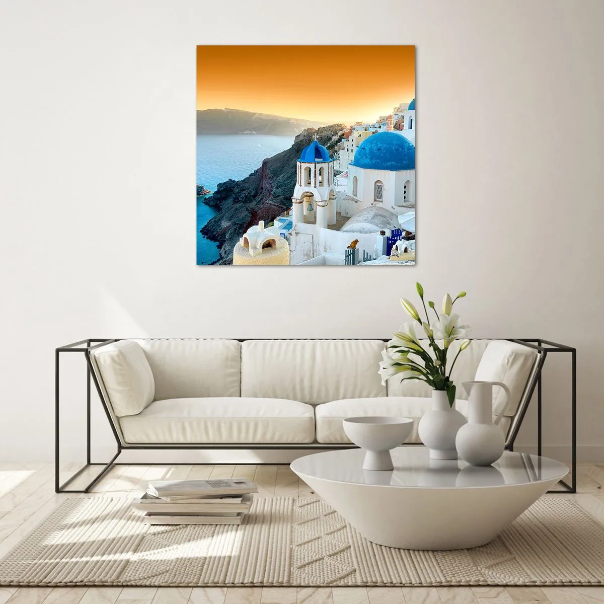 Obraz na skle - Santorini - přitulené ke skalám - 30x30 cm