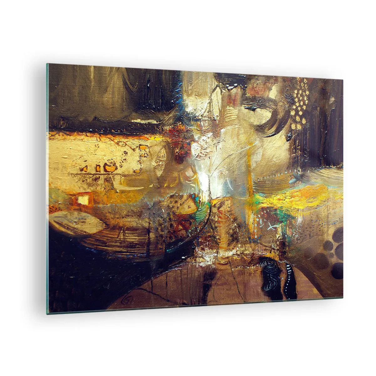 Obraz na skle - Abstraktní kompozice v odstínech zlaté a hnědé - 70x50cm - Zima, tepleji, horko - Moderní nástěnná dekorace do obývacího pokoje a ložnice ARTTOR