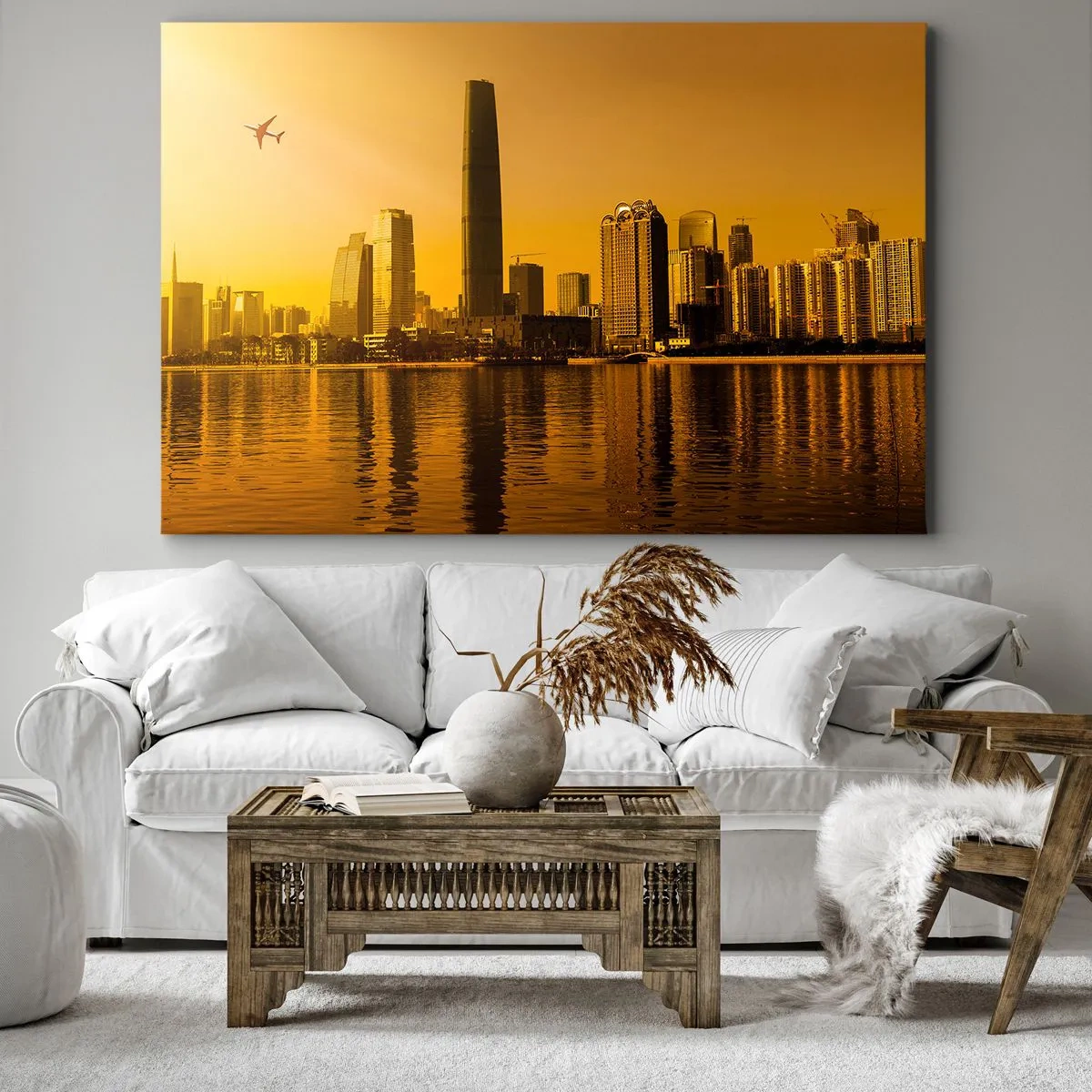 Obraz na plátně - Panorama města při západu slunce s mrakodrapy a letadlem - 70x50cm - Zlaté město - Moderní nástěnná dekorace do obývacího pokoje a ložnice ARTTOR
