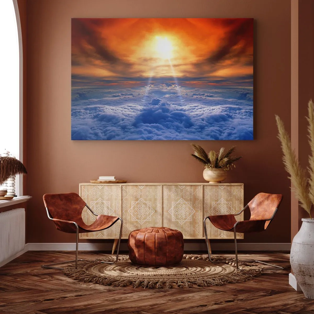 Obraz na plátně - Západ slunce nad mraky, obloha plná zlatých barev a světla. - 70x50cm - Mystická krajina - Moderní nástěnná dekorace do obývacího pokoje a ložnice ARTTOR