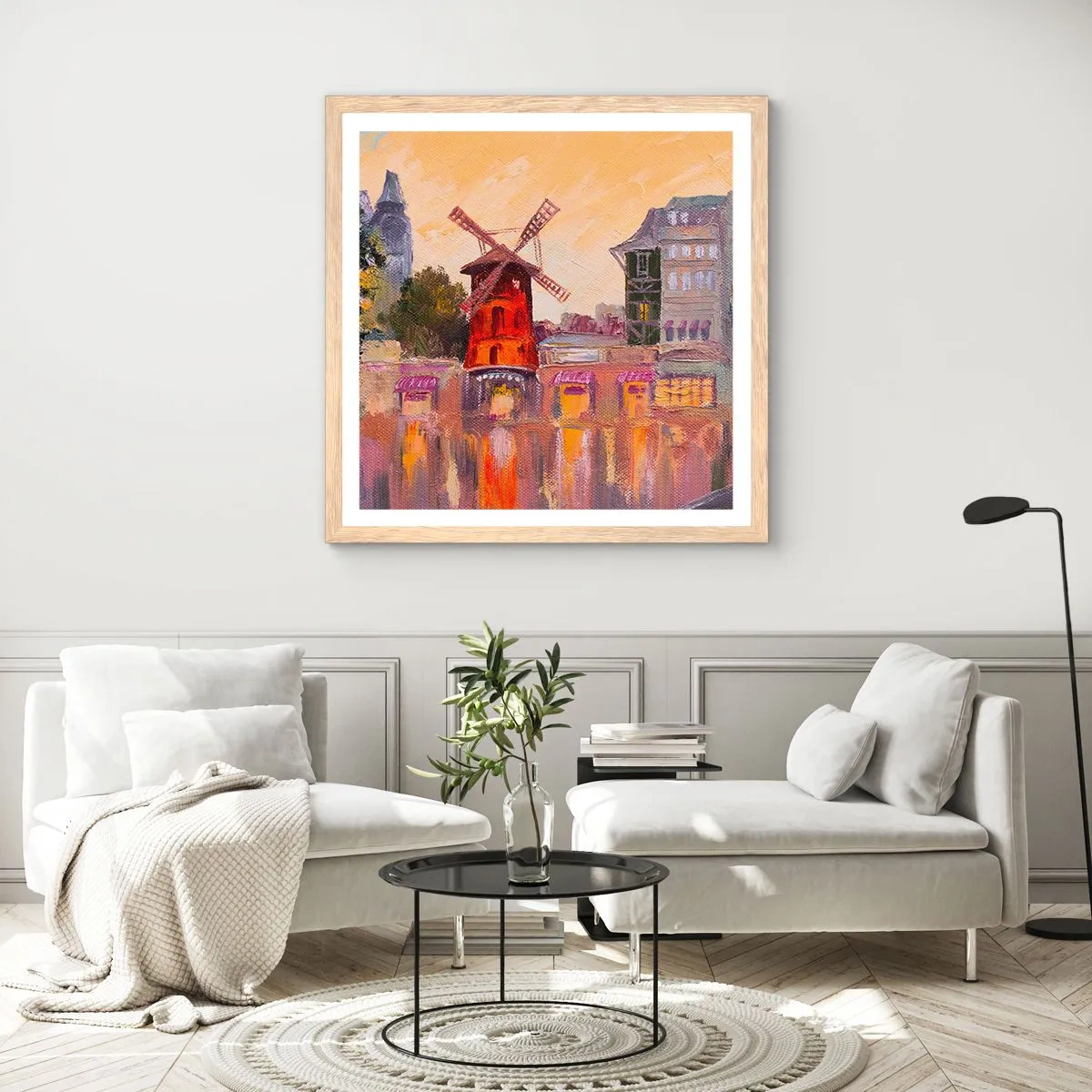 Plakát v rámu světlý dub - Pařížské ikony – Moulin Rouge - 60x60 cm