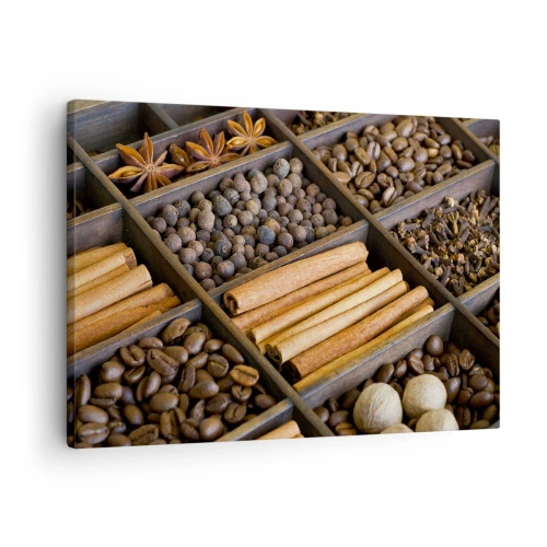 Obraz na plátně - Koření a káva v dřevěných přihrádkách - 70x50cm - Pokladnice vůní - Moderní nástěnná dekorace do obývacího pokoje a ložnice ARTTOR