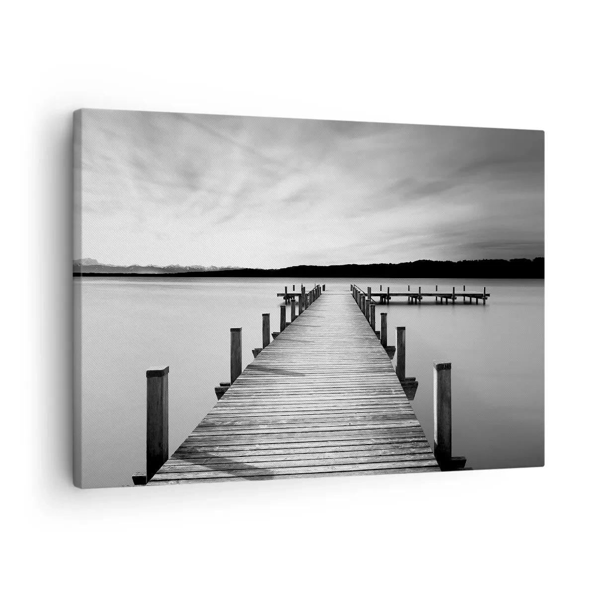 Obraz na plátně - Černobílé molo na klidném jezeře - 70x50cm - U napajedla – klidu - Moderní nástěnná dekorace do obývacího pokoje a ložnice ARTTOR