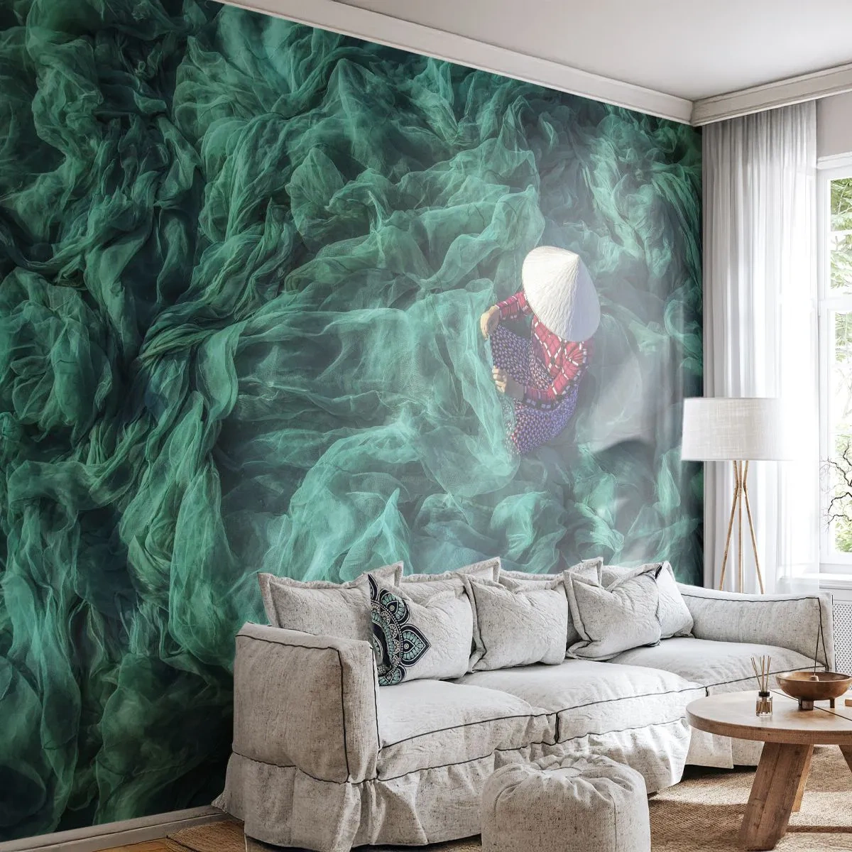 Fototapeta Standard Eco - V moři sítí - Rybářská síť, Žena, Vietnam - 350x256 cm