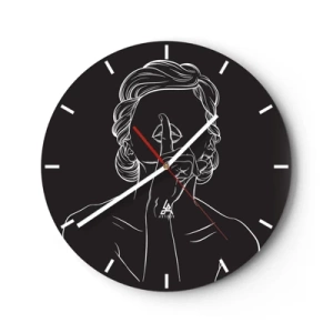 Nástěnné hodiny - Bílý obrys ženy s prstem u úst na černém pozadí. - 30x30cm - Krása rozkvétá v tichu - Moderní nástěnná dekorace do obývacího pokoje, kuchyně a ložnice ARTTOR