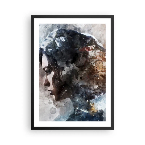 Plakát v černém rámu - Silueta ženy s akvarelovou krajinou v pozadí - 50x70cm - Příběh o dívce s městem v pozadí - Moderní nástěnná dekorace do obývacího pokoje a ložnice ARTTOR