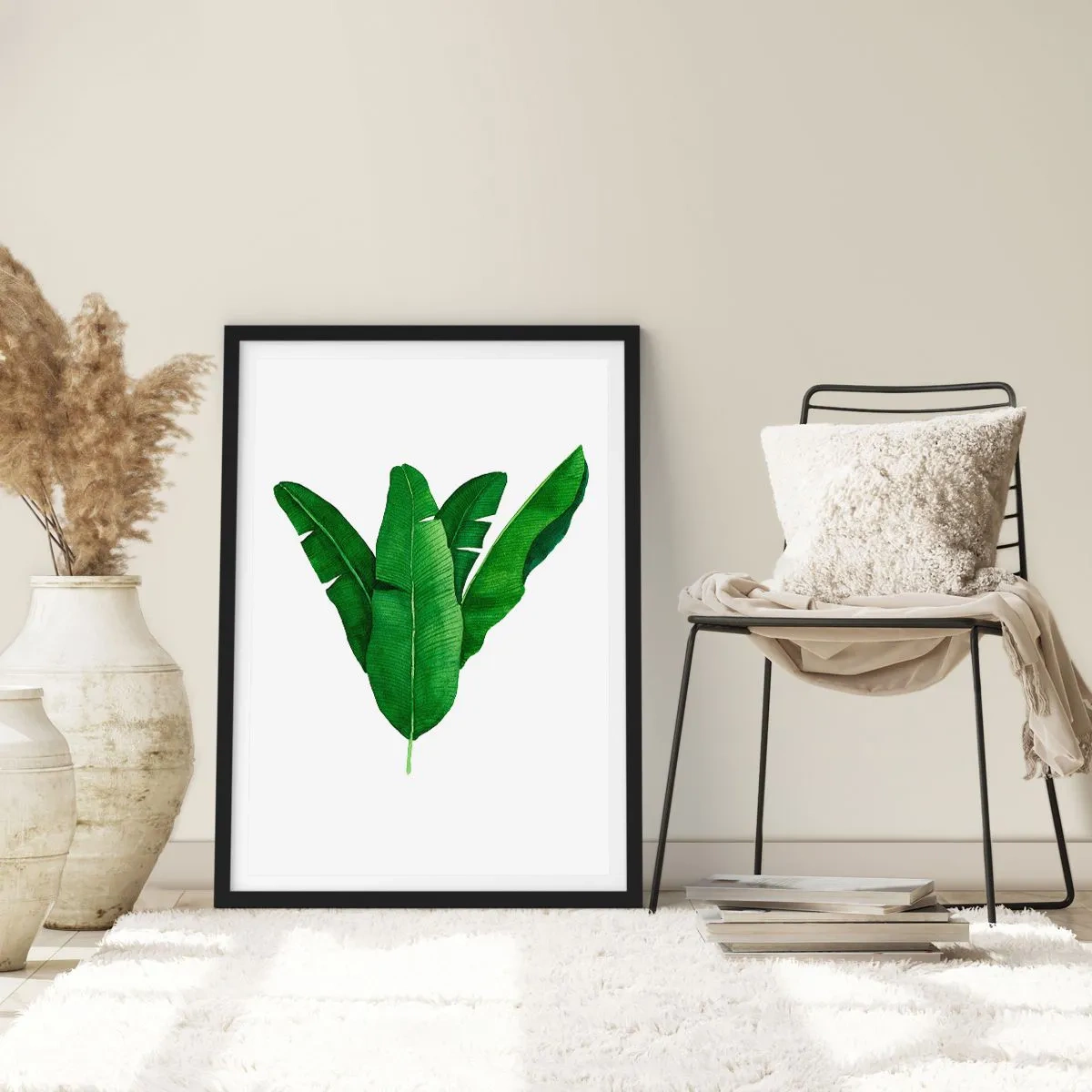 Plakát v černém rámu - Akvarelová ilustrace symetricky uspořádaných banánových listů na bílém pozadí. - 50x70cm - Zelená symetrie - Moderní nástěnná dekorace do obývacího pokoje a ložnice ARTTOR
