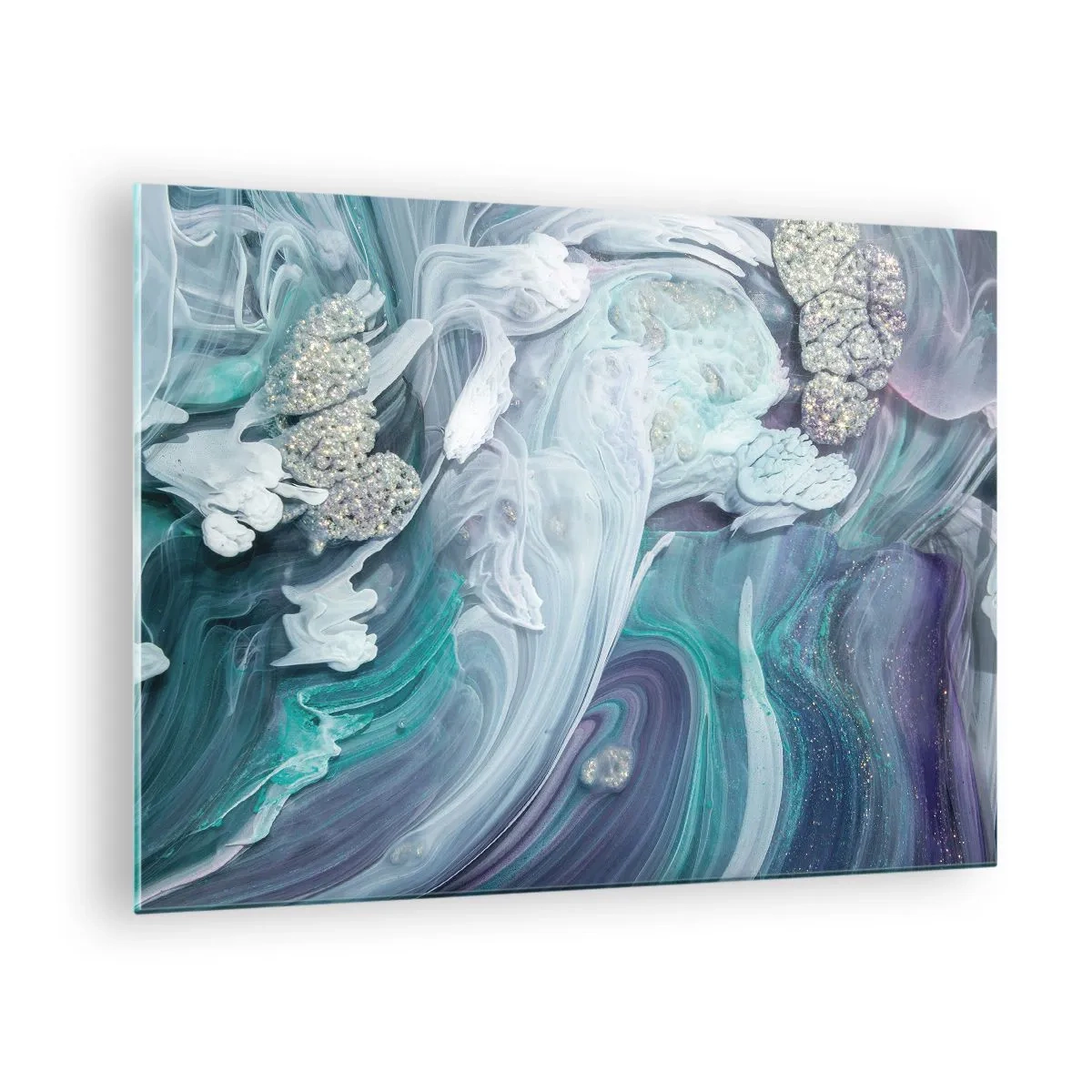Obraz na skle - Abstraktní kompozice v odstínech modré, fialové a bílé. - 70x50cm - Proudy modré - Moderní nástěnná dekorace do obývacího pokoje a ložnice ARTTOR