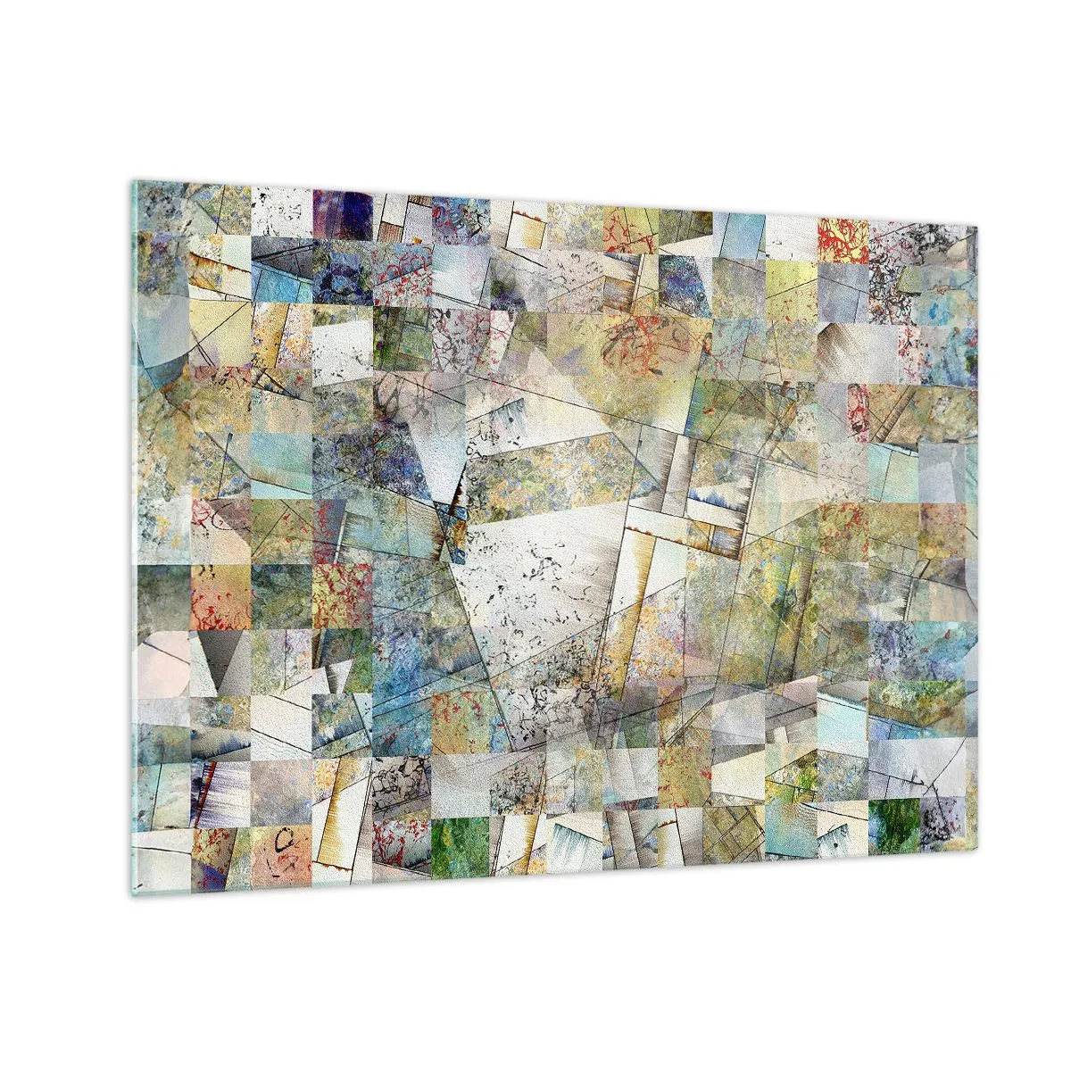 Obraz na skle - Barevná kompozice fragmentovaných geometrických tvarů - 70x50cm - Geometrické přeskupení - Moderní nástěnná dekorace do obývacího pokoje a ložnice ARTTOR