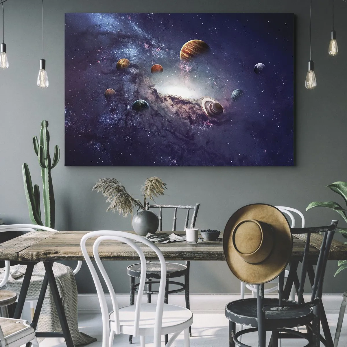 Obraz na plátně - Planety v galaxii s mlhovinou v pozadí - 70x50cm - Slunce a tanec - Moderní nástěnná dekorace do obývacího pokoje a ložnice ARTTOR