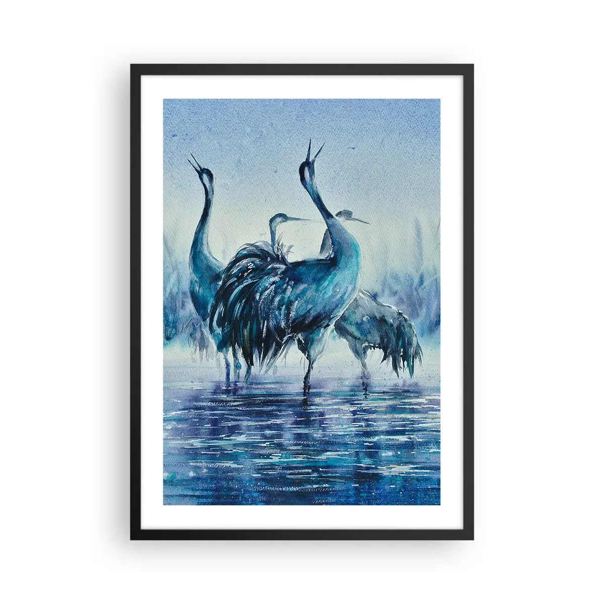 Plakát v černém rámu - Atmosférický obraz jeřábů v modré vodní krajině - 50x70cm - Ranní setkání - Moderní nástěnná dekorace do obývacího pokoje a ložnice ARTTOR