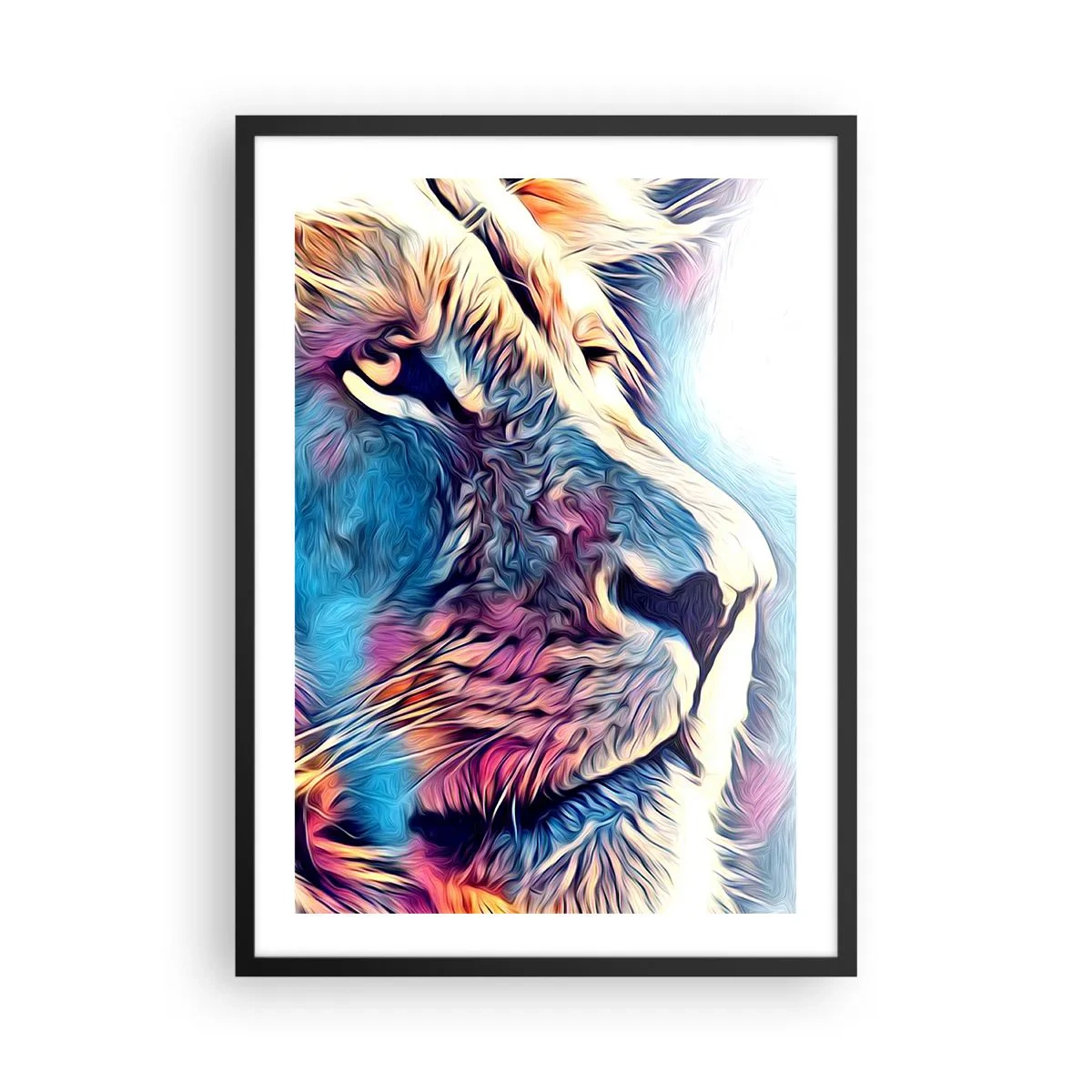 Plakát v černém rámu - Barevný portrét lva v uměleckém stylu s intenzivními barvami. - 50x70cm - Moudrost přírody - Moderní nástěnná dekorace do obývacího pokoje a ložnice ARTTOR