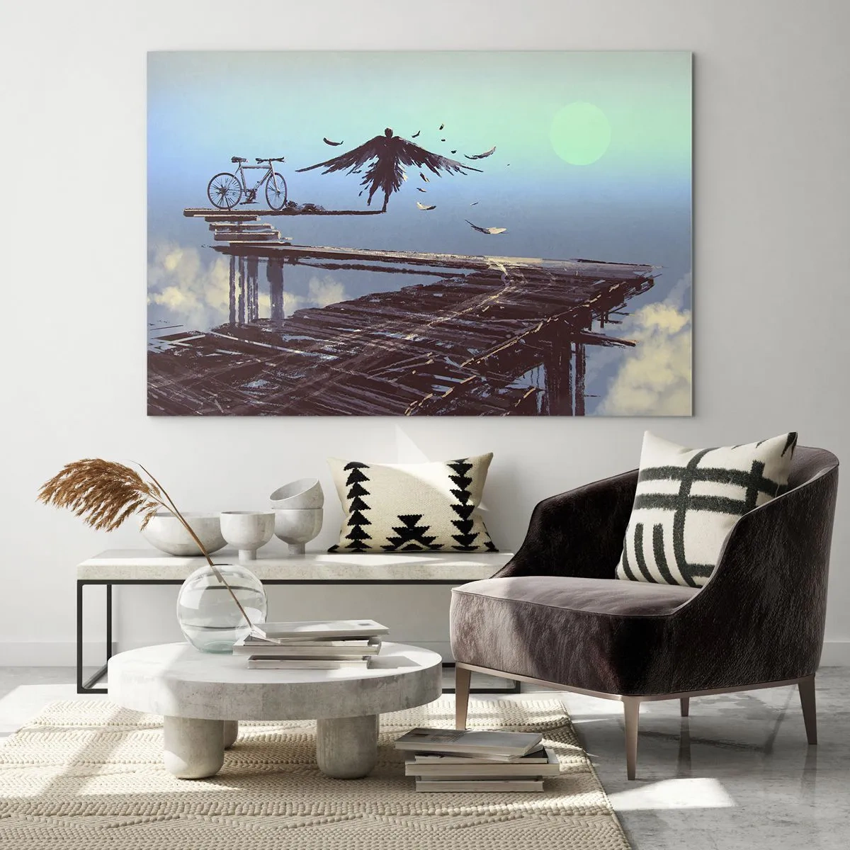 Obraz na skle - Postava s kolem na dřevěném mostě nad mraky - 70x50cm - Ikaros věčně živý - Moderní nástěnná dekorace do obývacího pokoje a ložnice ARTTOR