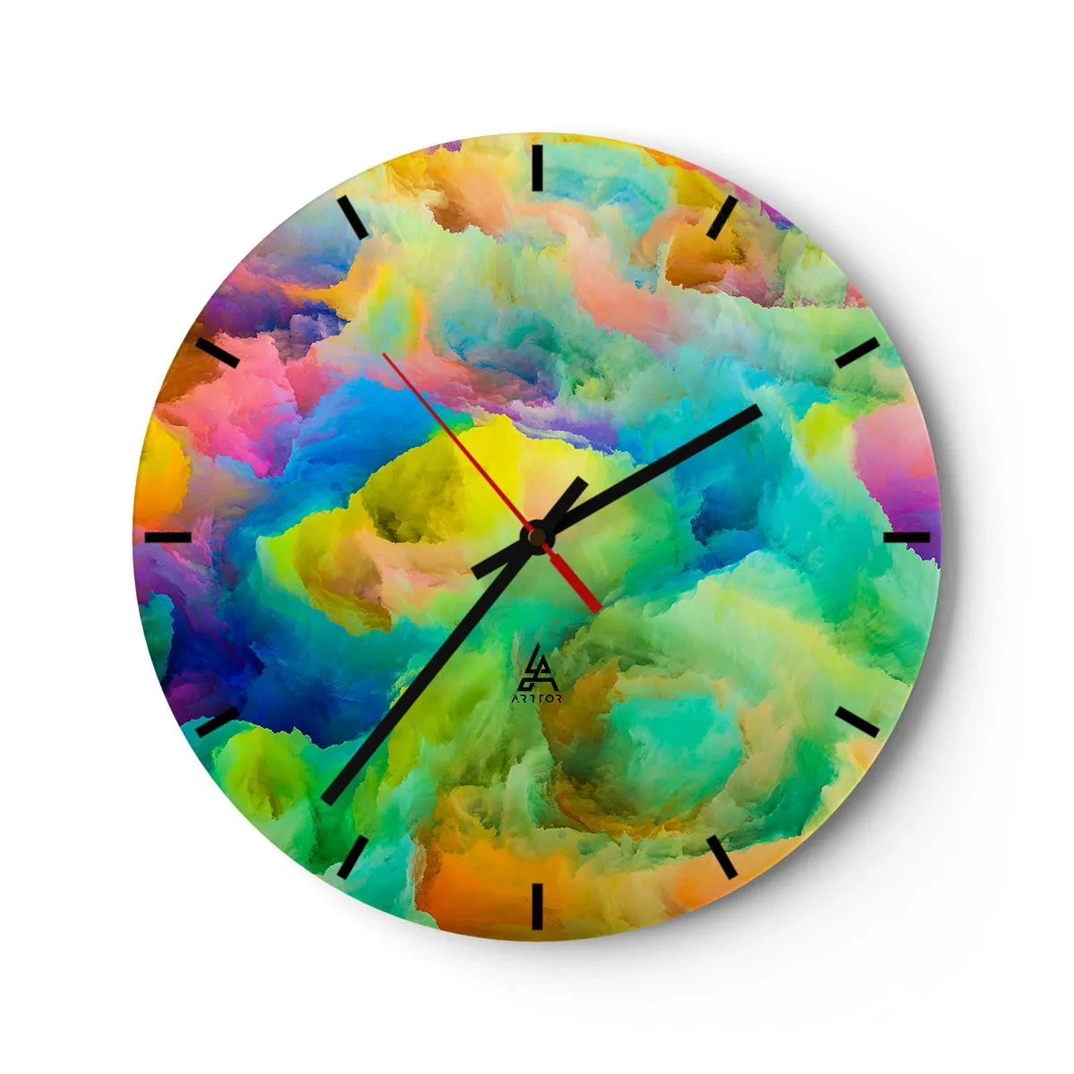 Nástěnné hodiny - Abstraktní, barevné mraky v jasných barvách - 30x30cm - Duhové chmýří - Moderní nástěnná dekorace do obývacího pokoje, kuchyně a ložnice ARTTOR
