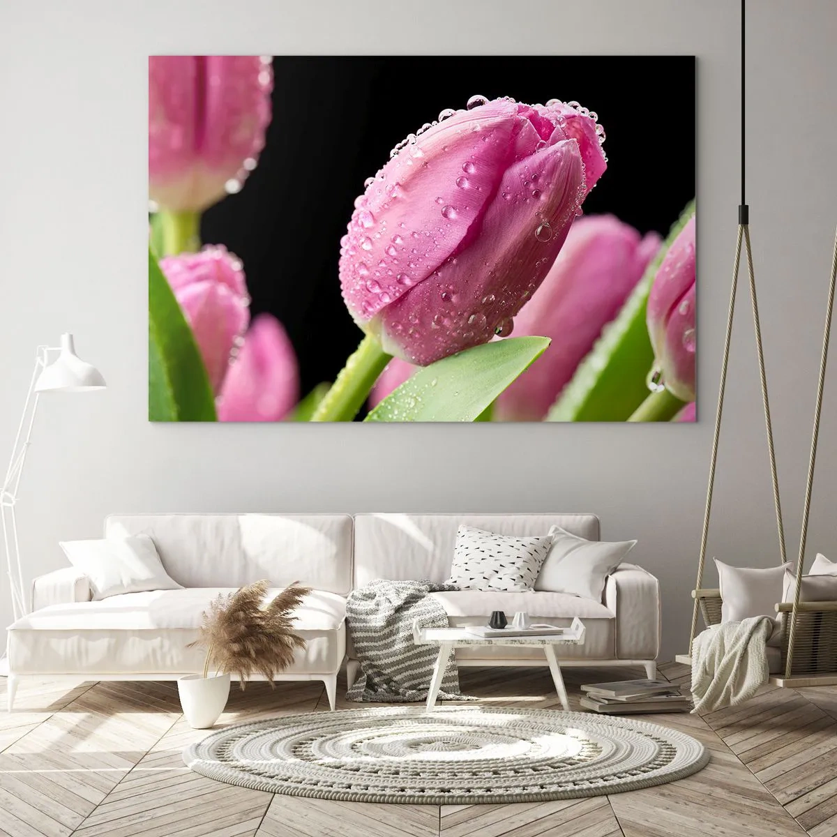 Obraz na skle - Růžové tulipány pokryté kapkami rosy na černém pozadí - 70x50cm - Liliový sen v rose - Moderní nástěnná dekorace do obývacího pokoje a ložnice ARTTOR