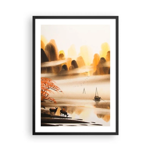 Plakát v černém rámu - Orientální horská krajina v mlze s lodí a zvířaty - 50x70cm - Dál než na Dálném východu - Moderní nástěnná dekorace do obývacího pokoje a ložnice ARTTOR