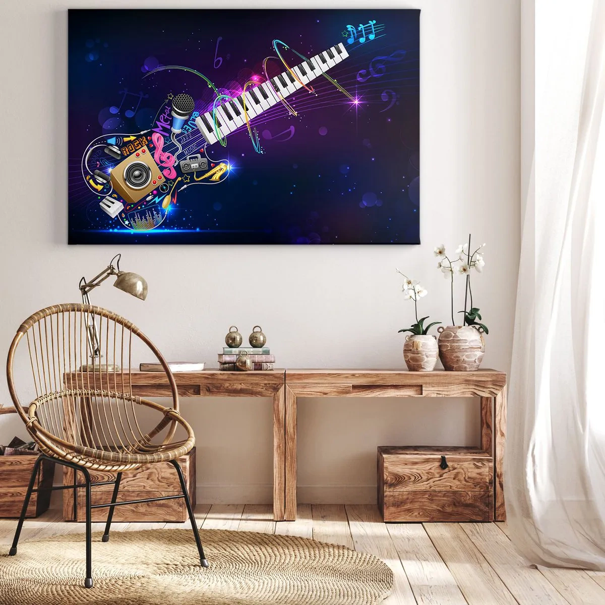 Obraz na plátně - Barevná kytara s klávesnicí a mikrofonem na tmavém pozadí. - 70x50cm - A všechno hraje - Moderní nástěnná dekorace do obývacího pokoje a ložnice ARTTOR