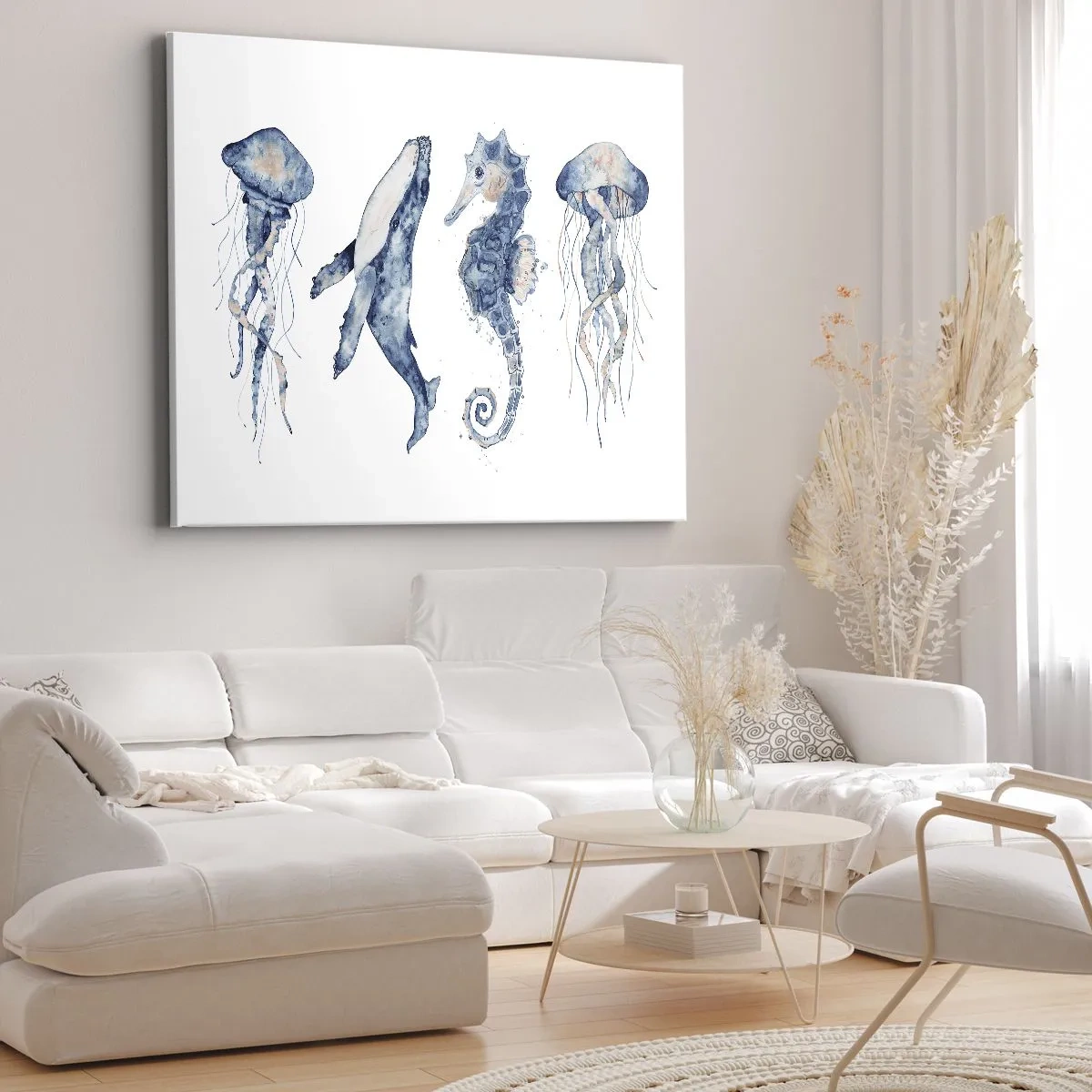 Obraz na plátně - Medúza, velryba a mořský koník ve stylu akvarelu - 70x50cm - Mořská divočina - Moderní nástěnná dekorace do obývacího pokoje a ložnice ARTTOR