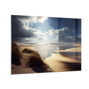 Obraz na skle - Divoká pláž ozářená slunečními paprsky zpod mraků - 70x50cm - Pláž, divoká pláž - Moderní nástěnná dekorace do obývacího pokoje a ložnice ARTTOR