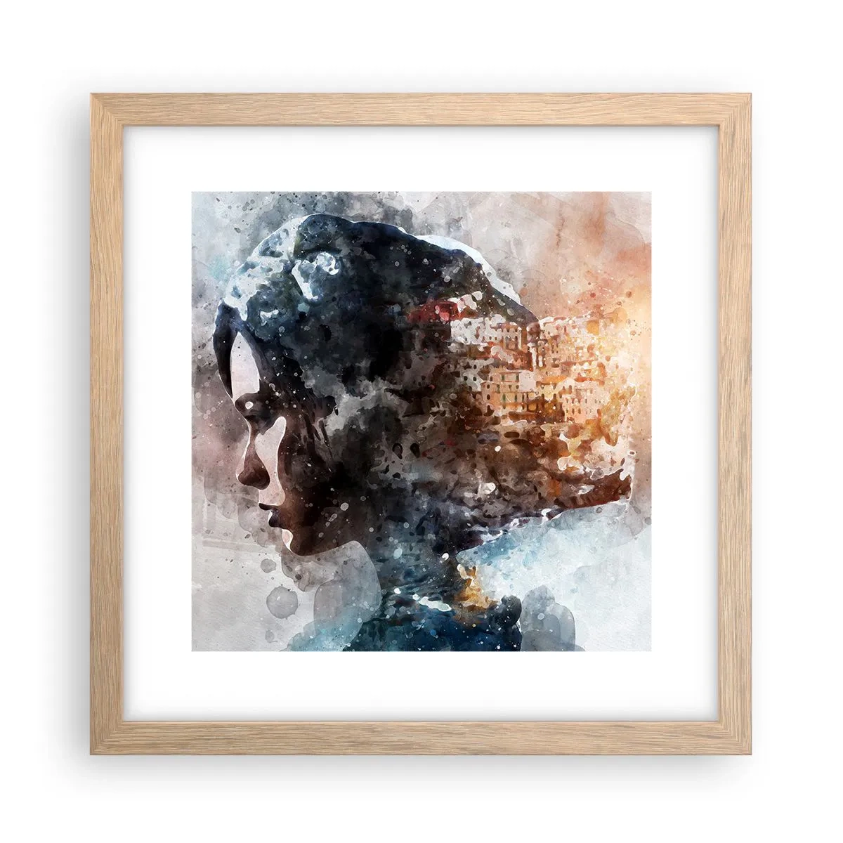 Plakát v rámu světlý dub - Příběh o dívce s městem v pozadí - 30x30 cm