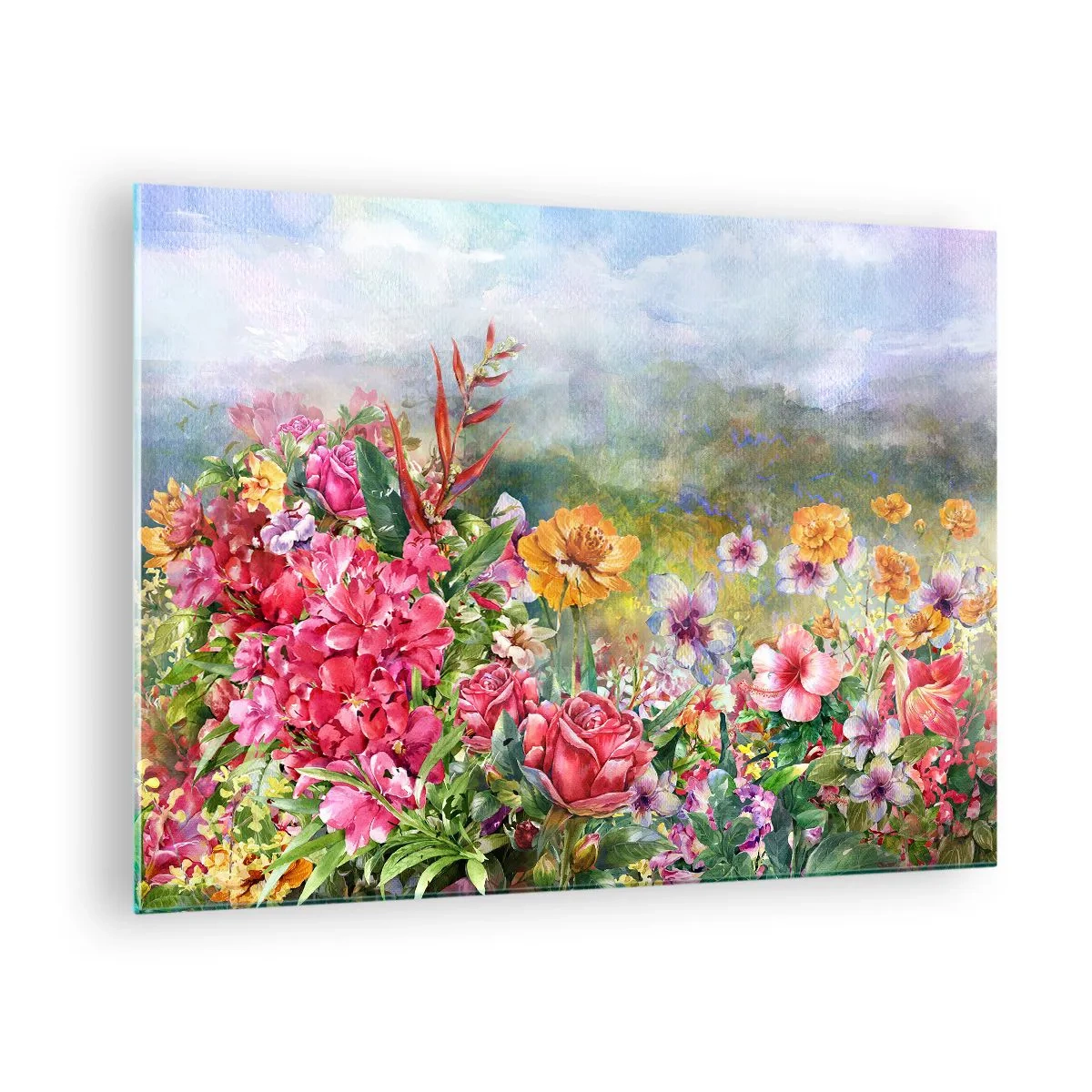 Obraz na skle - Kytice barevných květin na pozadí malebné krajiny - 70x50cm - Zahrada, která se zbláznila - Moderní nástěnná dekorace do obývacího pokoje a ložnice ARTTOR