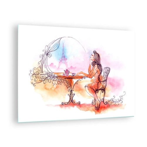 Obraz na skle - Žena u stolu s výhledem na Eiffelovu věž v pastelových tónech - 70x50cm - Pařížská elegance - Moderní nástěnná dekorace do obývacího pokoje a ložnice ARTTOR