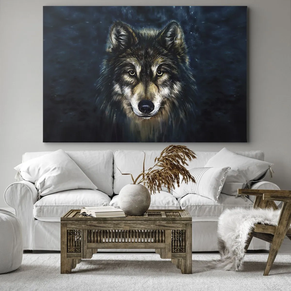 Obraz na plátně - Portrét vlka na tmavě modrém pozadí - 70x50cm - Alfa? A omega - Moderní nástěnná dekorace do obývacího pokoje a ložnice ARTTOR