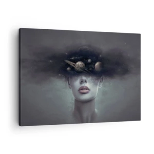 Obraz na plátně - Ženská tvář s motivem planety a vesmíru v pozadí - 70x50cm - A planety… - Moderní nástěnná dekorace do obývacího pokoje a ložnice ARTTOR