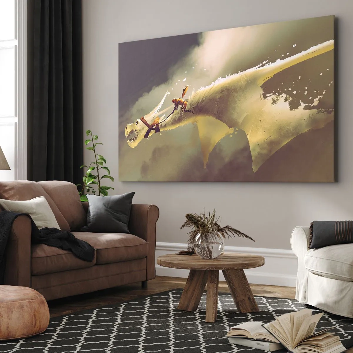 Obraz na plátně - Ilustrace jezdce na drakích ve fantasy cloudscape - 70x50cm - Zachránit svět - Moderní nástěnná dekorace do obývacího pokoje a ložnice ARTTOR