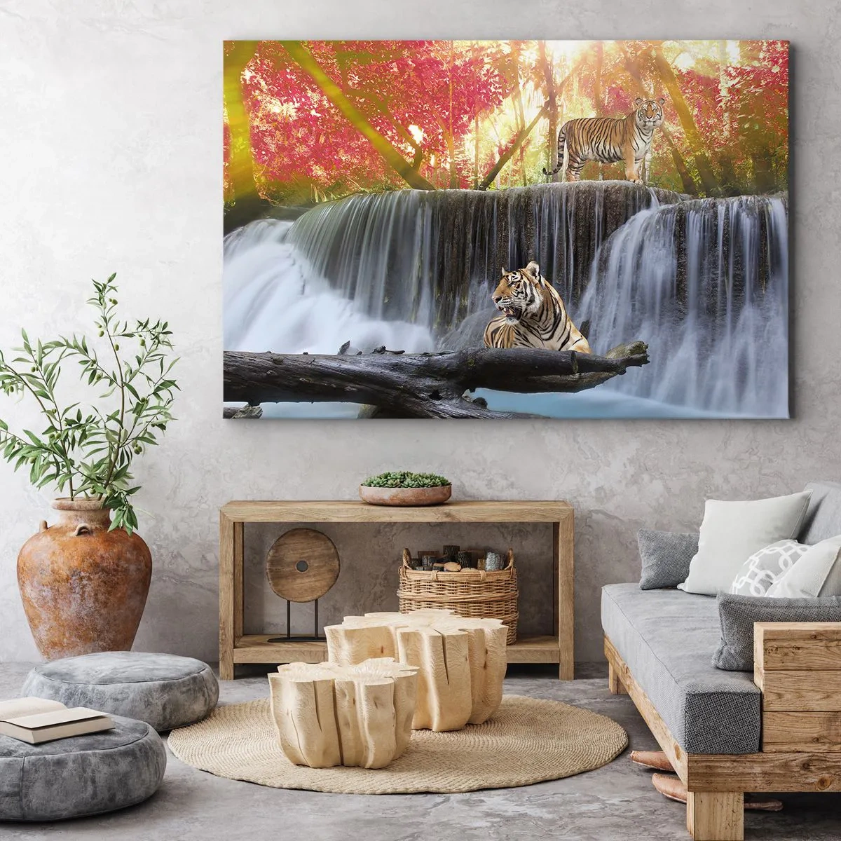 Obraz na plátně - Tygři u vodopádu v podzimním lese - 70x50cm - Surrealistická krajina - Moderní nástěnná dekorace do obývacího pokoje a ložnice ARTTOR