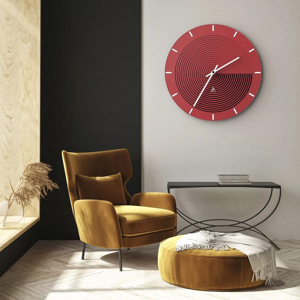 Nástěnné hodiny - Červené pozadí s černými soustřednými kruhy a kontrastem - 30x30cm - Kruhový pohyb - Moderní nástěnná dekorace do obývacího pokoje, kuchyně a ložnice ARTTOR