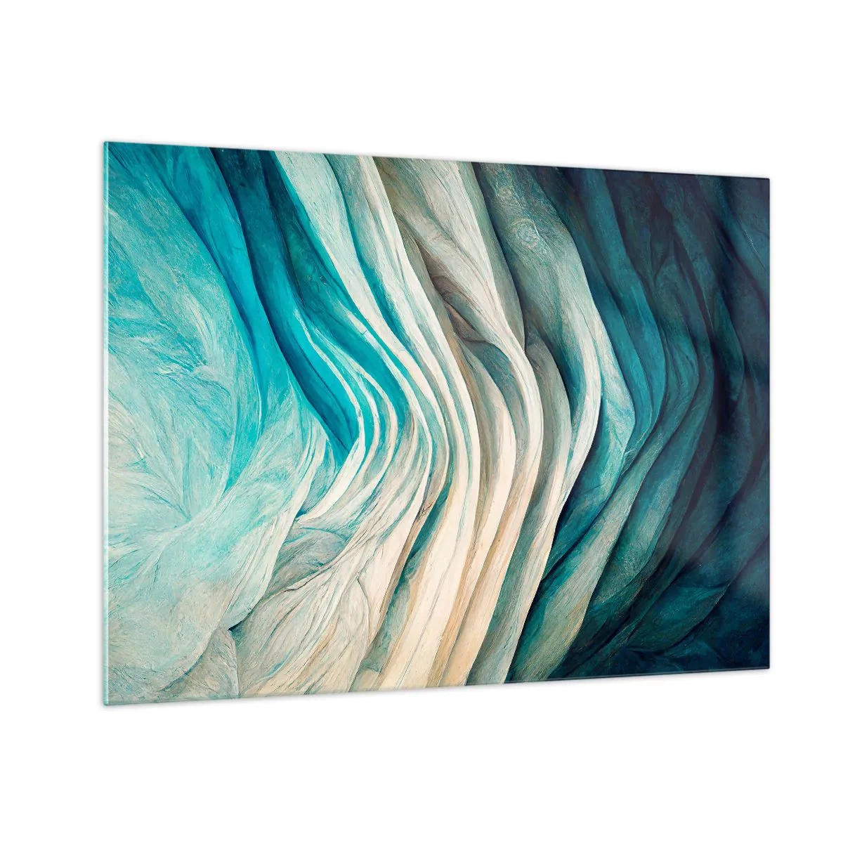 Obraz na skle - Abstraktní vlny v odstínech modré a béžové - 70x50cm - Modrá neukojitelnost - Moderní nástěnná dekorace do obývacího pokoje a ložnice ARTTOR