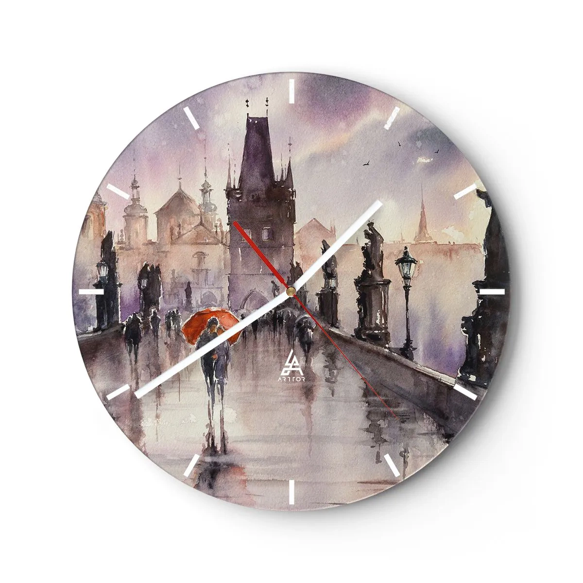 Nástěnné hodiny - Romantická scéna na mostě v dešti s oranžovým deštníkem - 30x30cm - Lidé se nemění - Moderní nástěnná dekorace do obývacího pokoje, kuchyně a ložnice ARTTOR
