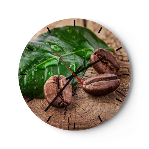 Nástěnné hodiny - Kávová zrna a zelený list na dřevěném pozadí - 30x30cm - Nejskutečnější a černá - Moderní nástěnná dekorace do obývacího pokoje, kuchyně a ložnice ARTTOR